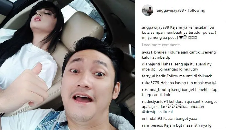 Dewi Perssik tertidur pulas di tengah kemacetan Ibu Kota [foto: instagram/anggawijaya88]