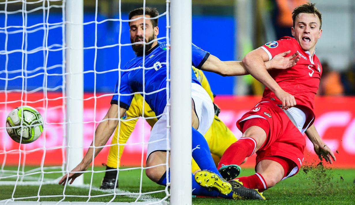 Kemenangan besar pertama Italia ketika ditangani oleh Roberto Mancini yaitu ketika menjamu Liechtenstein. Skuat asuhannya berpesta gol 6-0 ketika pertandingan kualifikasi Grup J Euro 2020 pada 26 Maret 2019. (Foto: AFP/Miguel Medina)