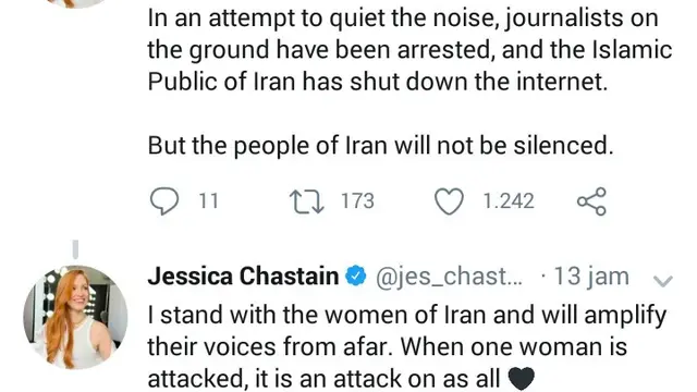 Dukungan Jessica Chastain untuk protes Iran (Foto: Screenshot @jes_chastain)