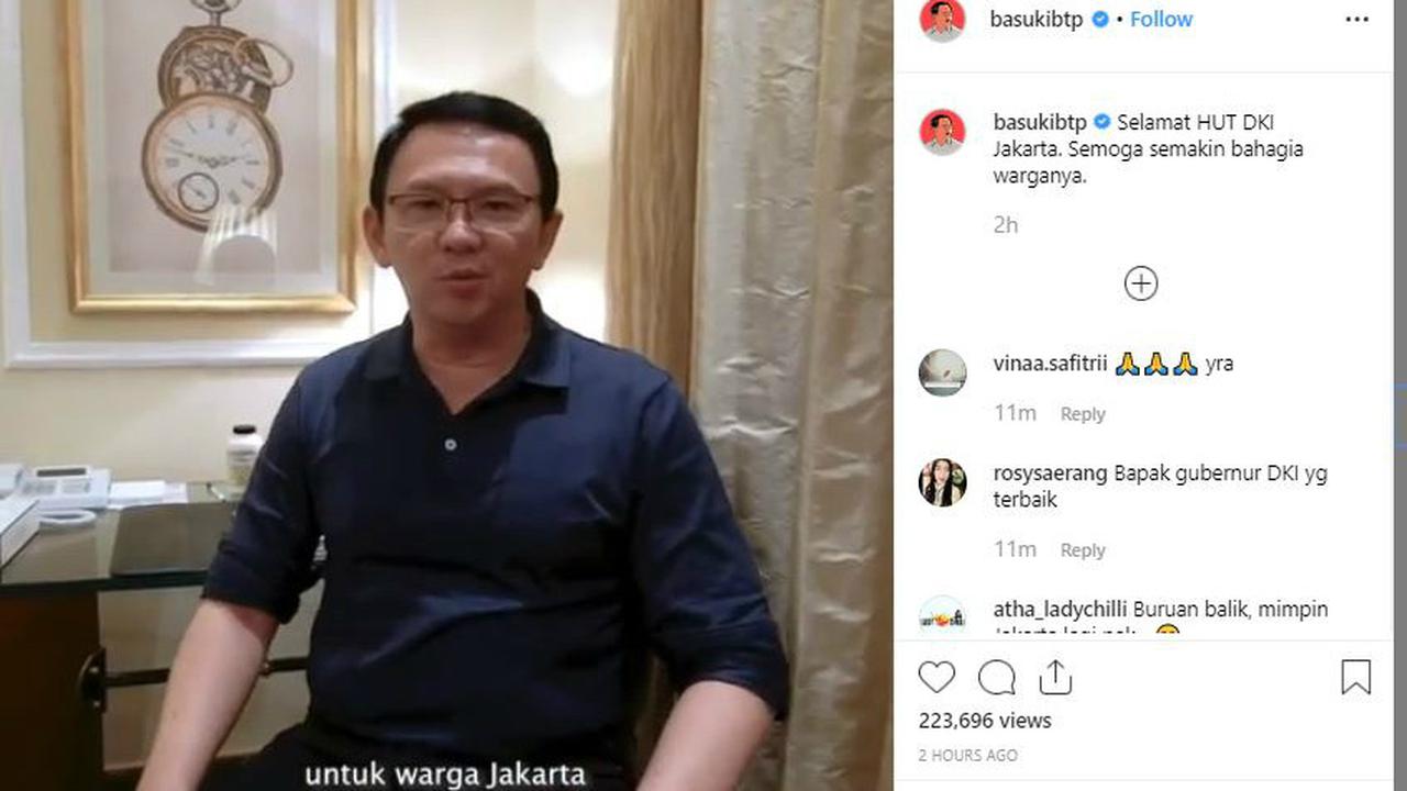 Mantan Gubernur DKI Jakarta Basuki Tjahaja Purnama atau Ahok menyampaikan selamat ulang tahun ke-492 Jakarta.