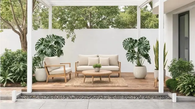 Inspirasi Area Duduk Outdoor di Halaman Belakang dengan Pergola dan Tanaman Hias (AI Generated)
