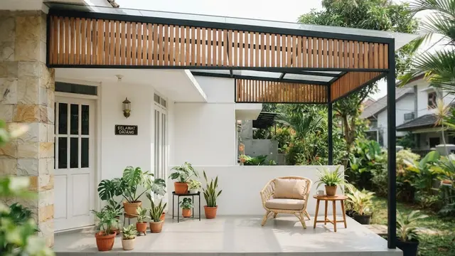 Model kanopi sederhana untuk teras kecil agar tetap terang di siang hari desain dengan kisi di bagian tertentu