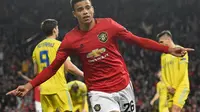 Ekspresi striker Manchester United, Mason Greenwood, setelah mencetak gol ke gawang Astana pada laga Grup L: Liga Europa di Old Trafford, Jumat (20/9/2019) dini hari WIB. (AFP/Oli Scarff)
