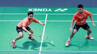 Ganda campuran Indonesia, Rinov Rivaldy/Apriani Rahayu, lolos ke babak ketiga WJC 2016 setelah menyingkirkan wakil Malaysia, Hoo Pang Ron/Tan Sueh Jeou, pada babak kedua di Bilbao Arena, Bilbao, Spanyol, Rabu (9/11/2016). (PBSI)