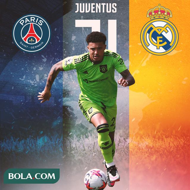 Ilustrasi - Jadon Sancho dan logo klub-klub Real Madrid, Juventus, PSG