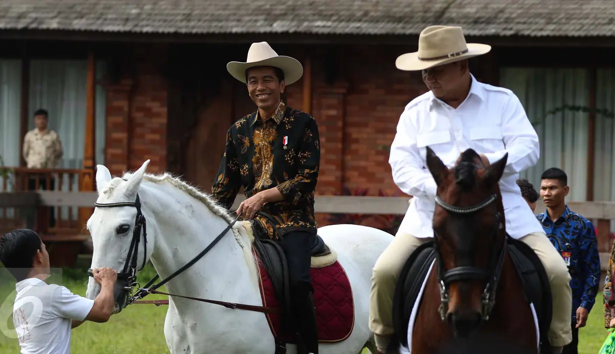 Presiden Jokowi dan Ketua Umum Partai Gerindra Prabowo Subianto bersantai sambil menaiki kuda di halaman kediaman Prabowo di Hambalang, Bogor, Senin (31/10). Keduanya usai melakukan pertemuan tertutup selama hampir 2 jam. (Liputan6.com/Faizal Fanani)