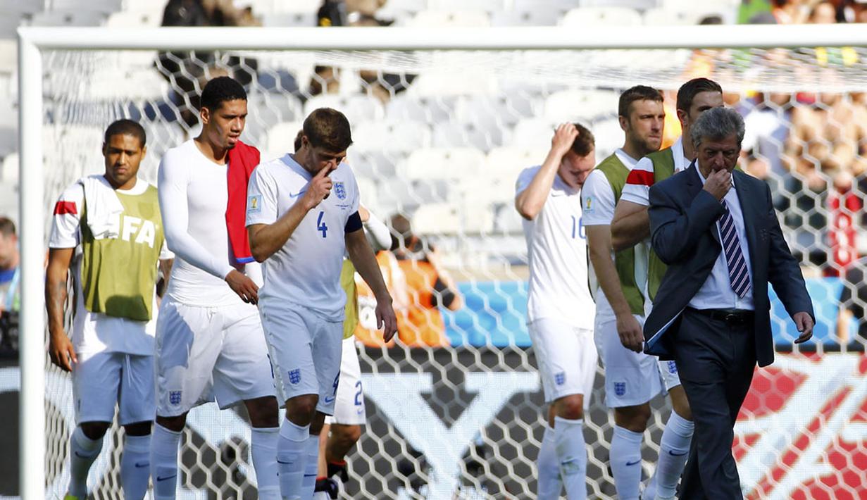 Timnas Inggris gagal meraih poin penuh saat berlaga melawan Kosta Rika di laga penutup penyisihan Piala Dunia 2014 Grup D di Stadion Mineirao, Belo Horizonte, Brasil, (24/6/2014). (REUTERS/Murad Sezer)