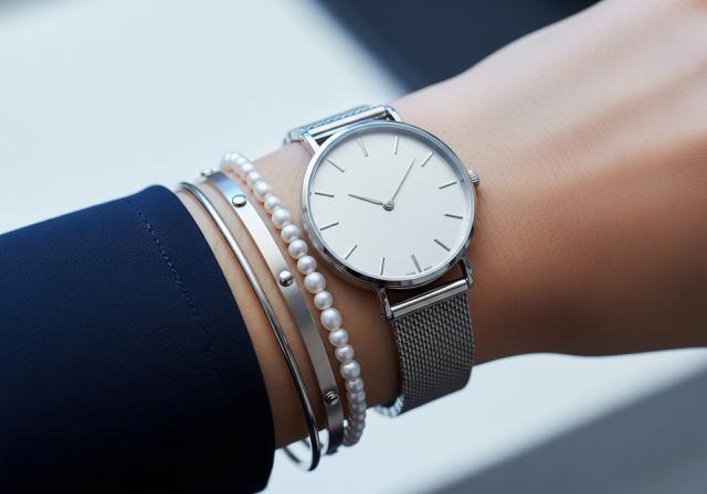 Silver Serenity: Sentuhan Dingin yang Modern/Inspirasi Layering Jam Tangan dengan Beberapa Gelang Tipis Elegan (Sumber: gemini.com)