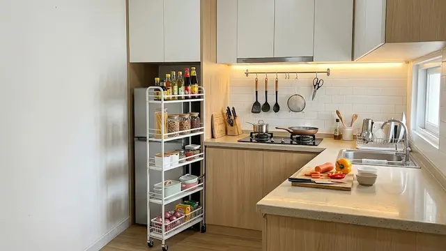 Model Dapur Kecil dengan Penyimpanan Vertikal agar Leluasa saat Masak/AI Generated