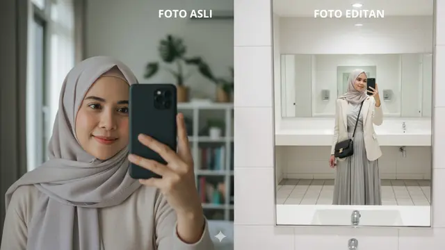 Edit foto AI ala mirror selfie di mall (Foto: Gemini AI)