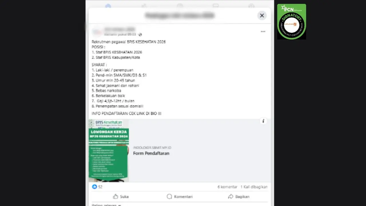Cek Fakta Liputan6.com mendapati klaim link pendaftaran rekrutmen pegawai BPJS Kesehatan 2026 yang beredar di medsos. (Foto: Tangkapan layar Facebook)