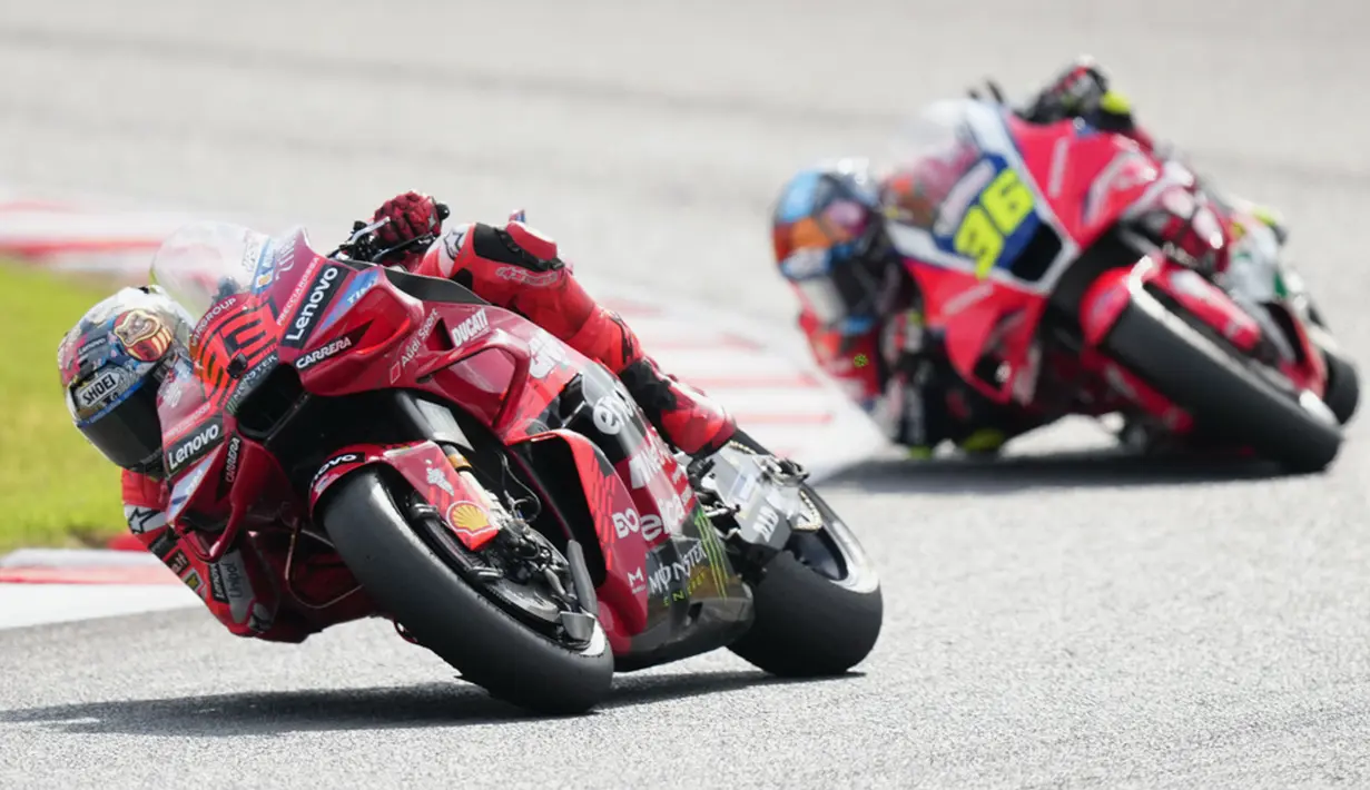 Marc Marquez memastikan gelar juara setelah finis kedua pada balapan MotoGP Jepang di Sirkuit Motegi hari Minggu (28/09/2025) siang WIB. (AP Photo/Hiro Komae)