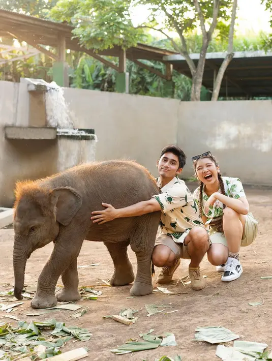 Bersama sang kekasih, Alshad Ahmad bercanda dengan anak gajah. Tiara Andini, sampai terpingkal-pingkal melihat tingkah Alshad yang ingin memeluk gajah tersebut. (Foto: Instagram/@alshadahmad)