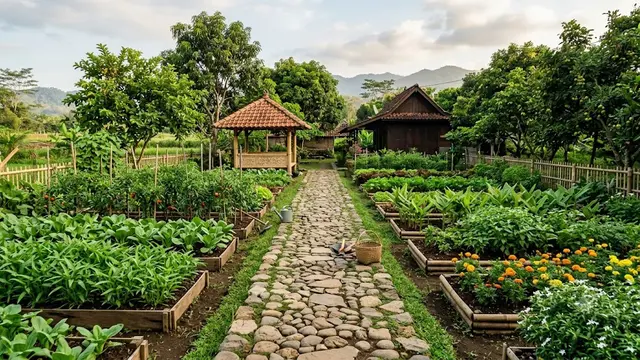 Kebun dengan Jalur Setapak Batu di Tengah Area Tanam