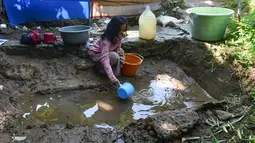 Seoarang anak mengambil air dari mata air yang bercampur lumpur di Kampung Cijaura, Desa Cidokom, Bogor, Jawa Barat, Minggu (26/07/2026). (KLY/ Arie Basuki)