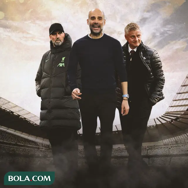 Ilustrasi - Pep Guardiola Dikelilingi Jurgen Klopp dan Ole Gunnar Solskjaer