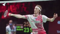 Tunggal putra Denmark, Anders Antonsen beraksi di semifinal Piala Thomas 2020 melawan Jonatan Christie di Ceres Arena, Aarhaus, Denmark, Sabtu (16/10/2021). (AFP/Claus Fisker / Ritzau Scanpix)