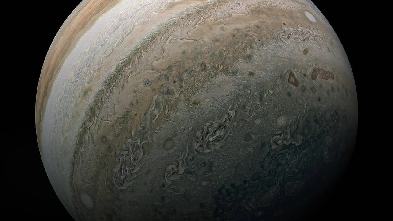 Pesawat Antariksa Juno milik NASA mengabadikan belahan selatan Jupiter pada 17 Februari 2020. (Foto: NASA/JPL-Caltech/SwRI/MSSS/Kevin M. Gill, © CC BY)