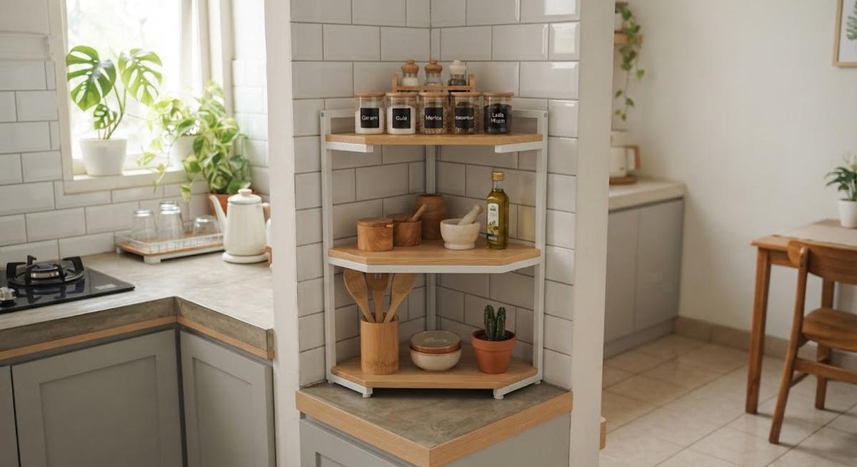 Tempat penyimpanan dapur minimalis modern yang cocok untuk rumah tipe kecil model rak sudut