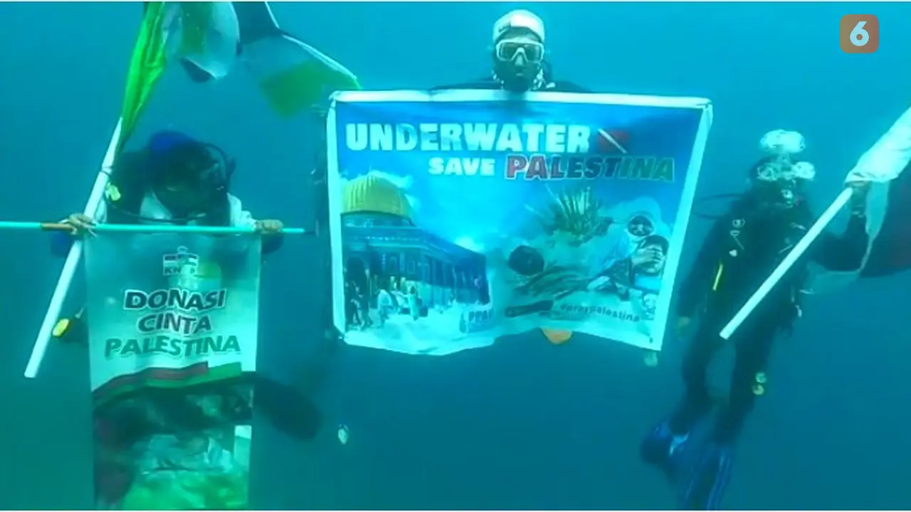 Aksi penyelam Gorontalo memberikan dukungan kepada Palestina melalui bawah Laut (Arfandi Ibrahim/Liputan6.com)