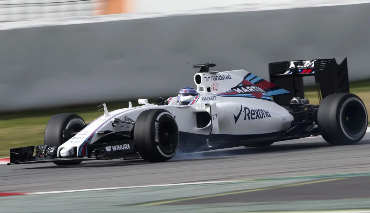 Valtteri Bottas, dari  Williams Racing F1, mencatatkan waktu 1m26.091s pada test pre-season di  Sirkuit Catalunya, Montmelo, Barcelona, Senin (22/2/2016) malam WIB.  (EPA/Alejandro Garcia)