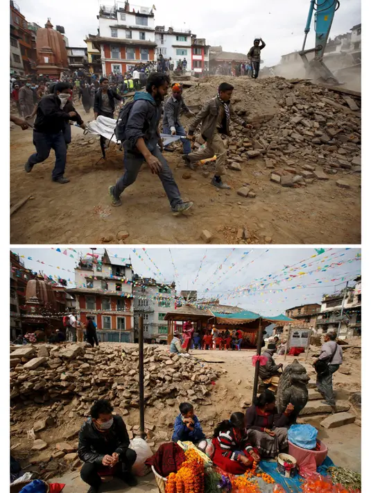 Gambar kombinasi menunjukkan orang membawa korban gempa pada 25 April 2015 (atas) dan pedagang menjual bunga di tempat yang sama pasca gempa dahsyat yang menewaskan lebih dari 8.000 orang di Kathmandu, Nepal, 16 Februari 2016. (REUTERS/Navesh Chitrakar)
