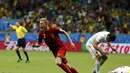 Selebrasi gelandang Timnas Belgia, Kevin De Bruyne (kedua dari kiri), usai mencetak gol ke gawang AS di laga 16 besar Piala Dunia 2014 di Stadion Fonte Nova, Salvador, (2/7/2014). (REUTERS/Marcos Brindicci) 