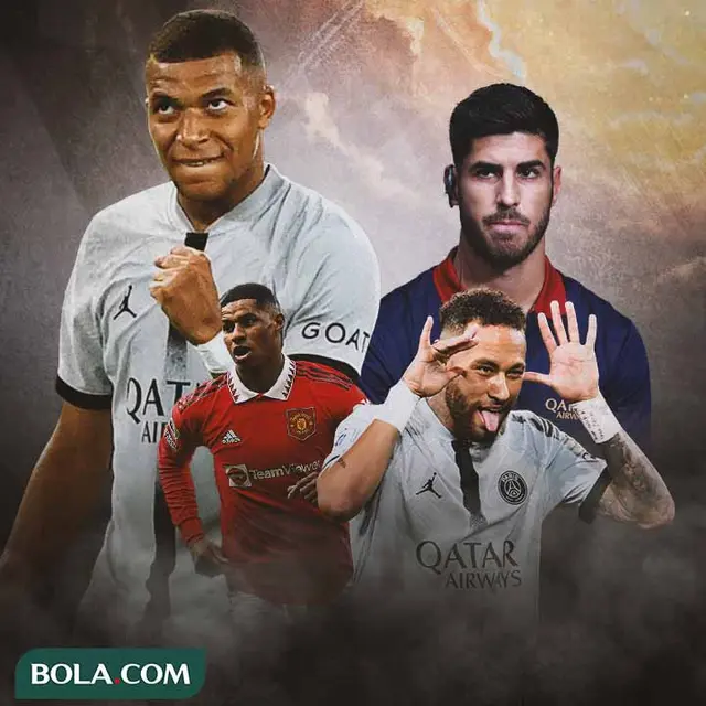 Ilustrasi - Kylian Mbappe, Marco Asensio, Marcus Rashford, Neymar