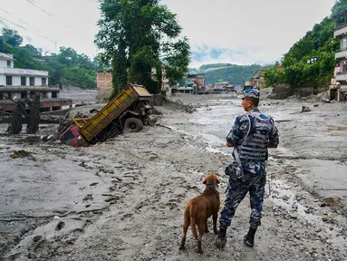Seorang polisi bersama anjing pelacak mengamati kerusakan pascabanjir bandang di Devighat, distrik Nuwakot, Nepal, Kamis, 27 Agustus 2026. (Foto AP/Niranjan Shrestha)