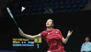 Putri Kusuma Wardani saat mengalahkan Thet Htar Thuzar di bulutangkis beregu putri SEA Games 2025. (PBSI)