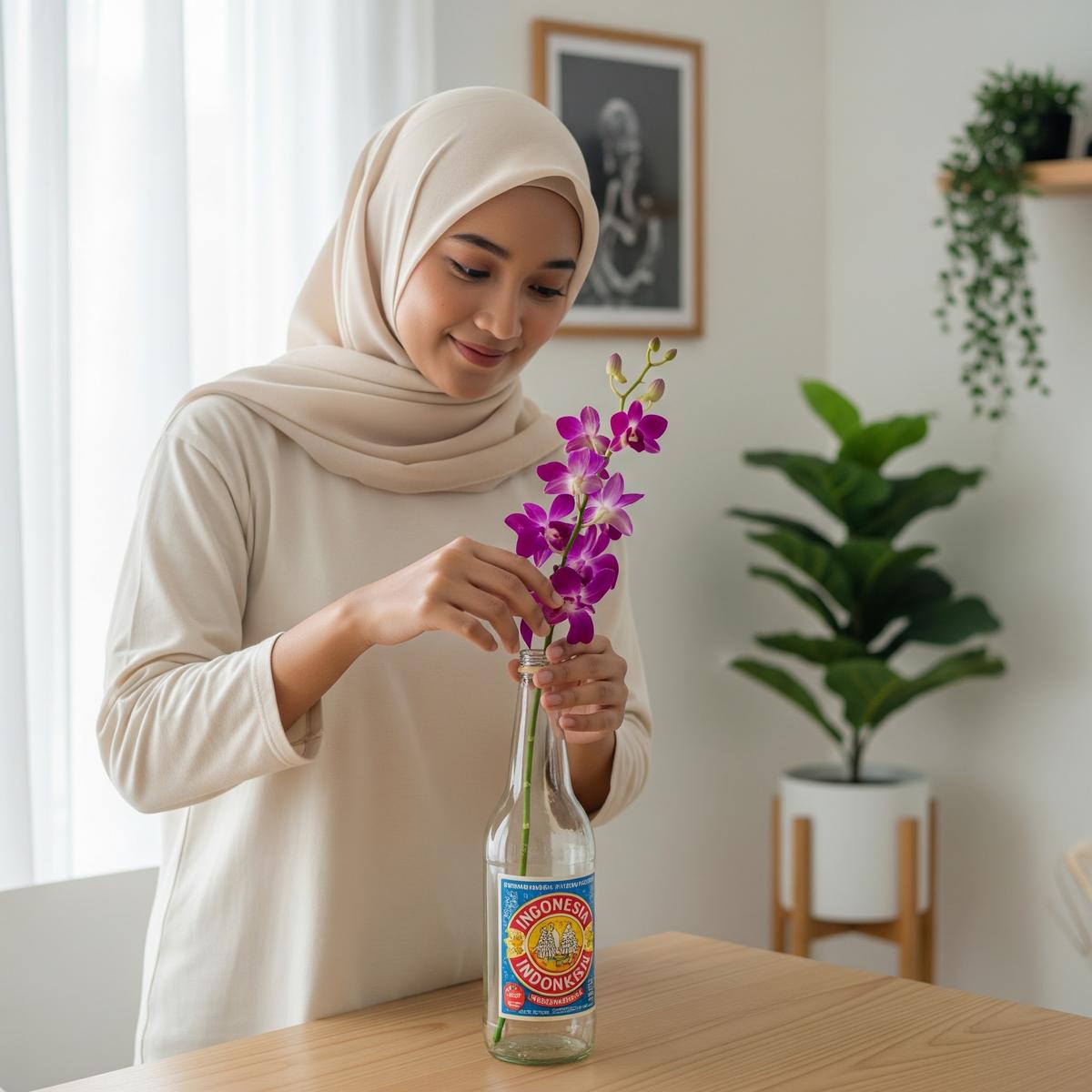 Wadah sirup dijadikan vas bunga (Gemini AI)