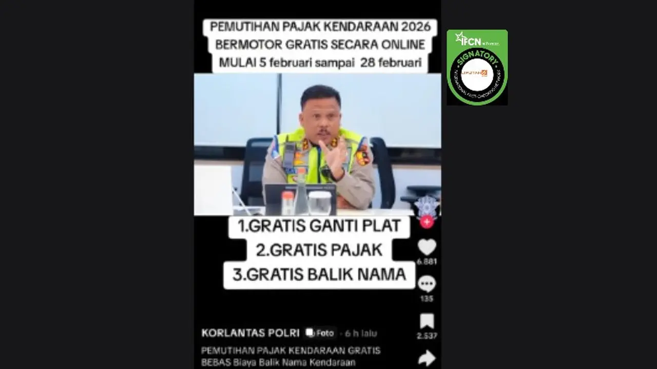 Cek Fakta Liputan6.com mendapati klaim postingan informasi pemutihan pajak kendaraan Februari 2026 dari Korlantas Polri yang beredar di TikTok.