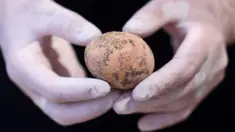 Arkeolog menunjukkan telur ayam berusia 1.000 tahun yang ditemukan selama penggalian di Kota Yavne, Israel, Rabu (9/6/2021). Telur ayam yang hampir utuh tersebut ditemukan baru-baru ini di sebuah tangki septik. (Emmanuel DUNAND/AFP)