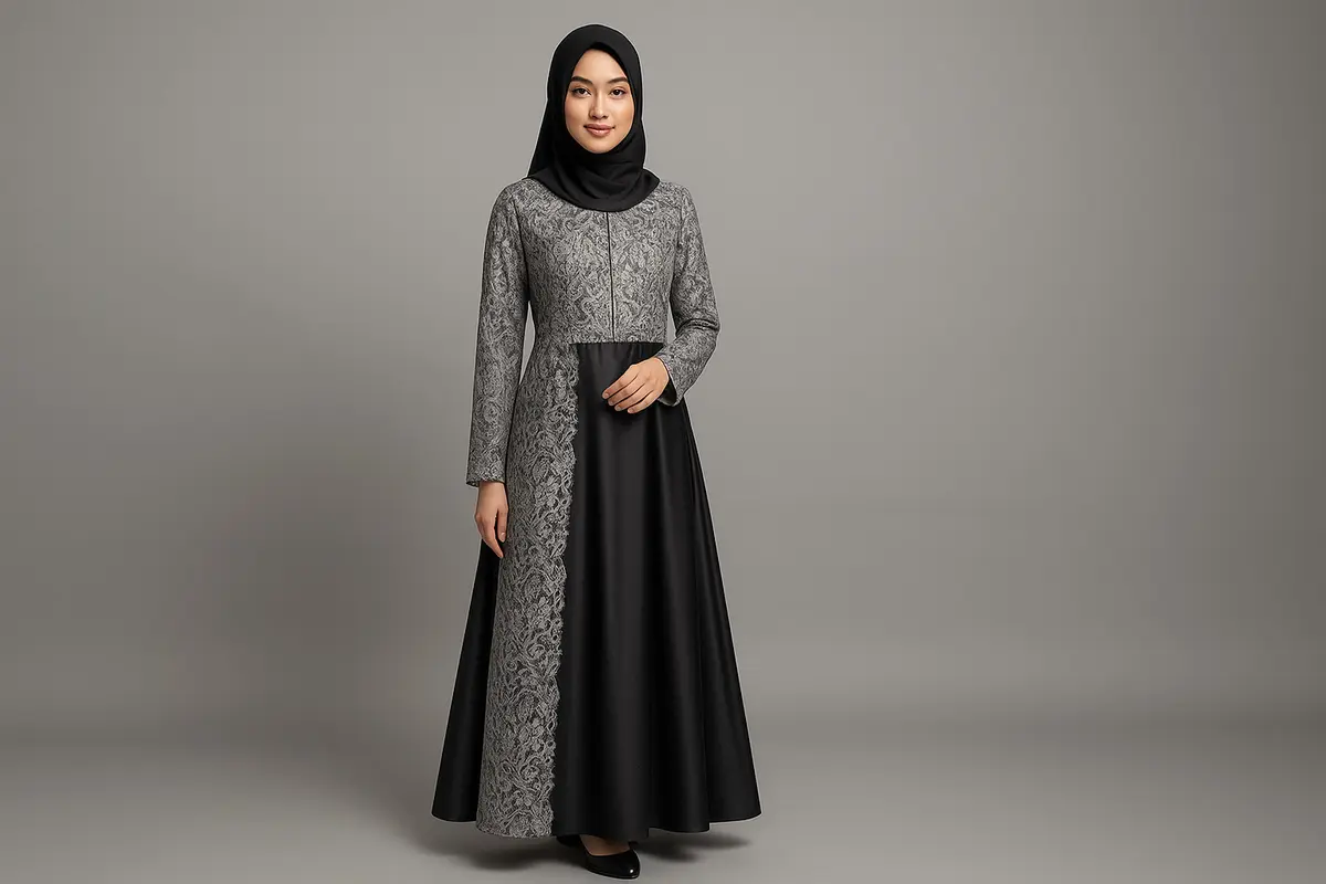 7 Gamis Syari Brokat Kombinasi Satin Mewah 2025, Bikin Penampilan Anggun dan Berkelas