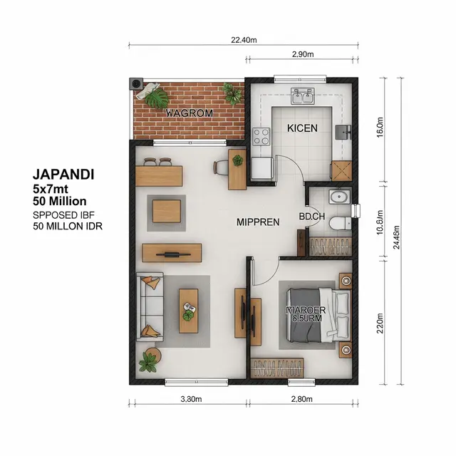 Denah Rumah Japandi Sederhana Ukuran 5x7 Biaya 50 Juta Cocok di Desa (Image by Gemini AI)