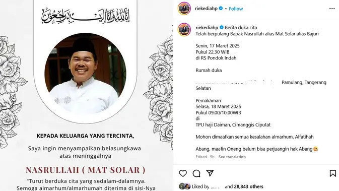Unggahan Rieke Diah Pitaloka, mengenai Mat Solar yang meninggal dunia. (Instagram/ riekediahp)