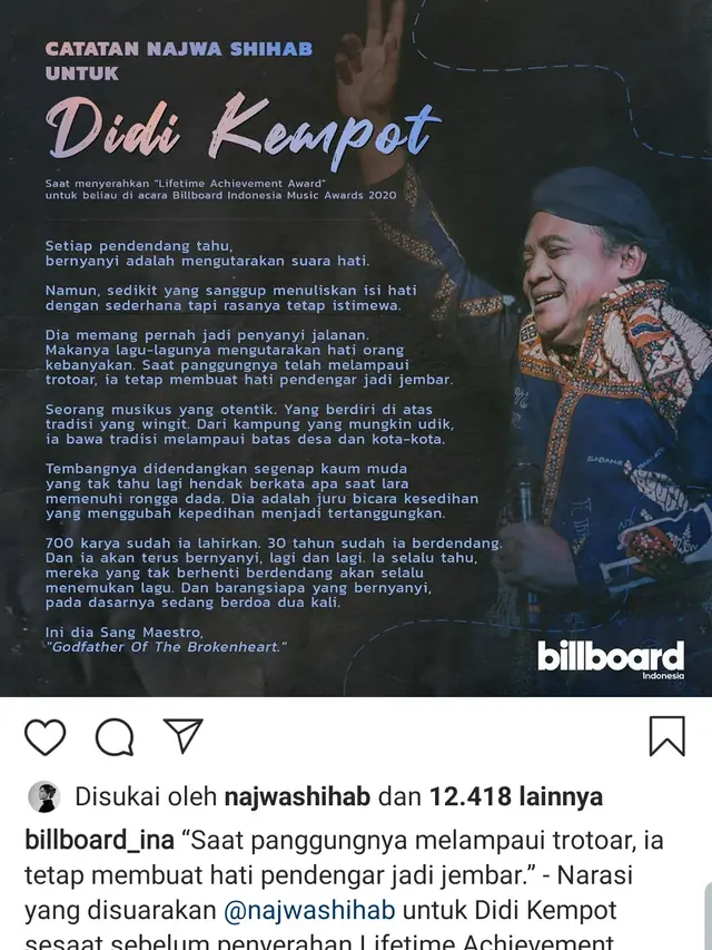 Catatan Najwa Shihab untuk Didi Kempot. (Foto: Instagram @billboard_ina)