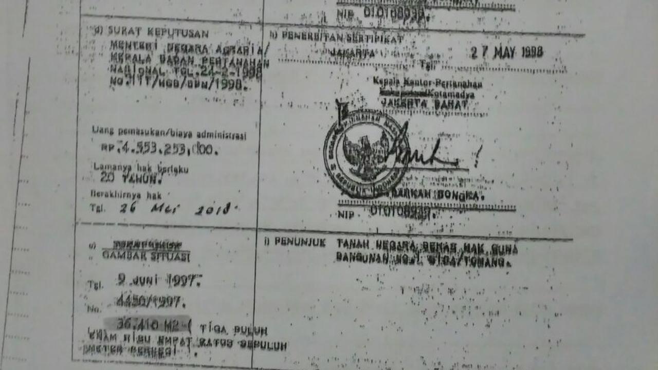 Sertifikat tanah RS Sumber Waras