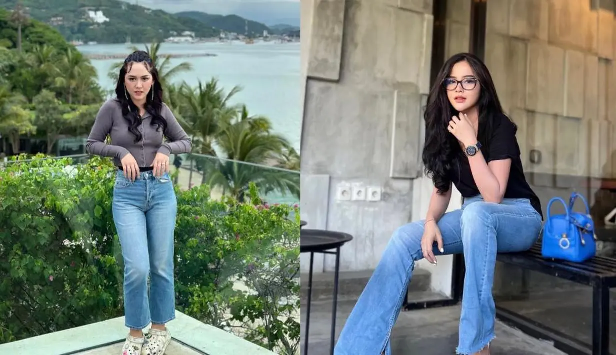 <p>Happy Asmara memadukan celana jeans-nya dengan long sleeve top dan belt, sementara Bella Bonita memilih t-shirt sebagai padanan celana cutbray-nya.</p>