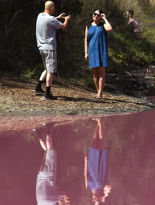 Pengunjung berpose dekat danau yang berubah warna menjadi pink di Westgate Park, Melbourne, Australia, Senin (4/3). Westgate Park memiliki alga yang tumbuh di dasar sungai yang membentuk pigmen warna merah atau beta karoten. (William WEST/AFP)