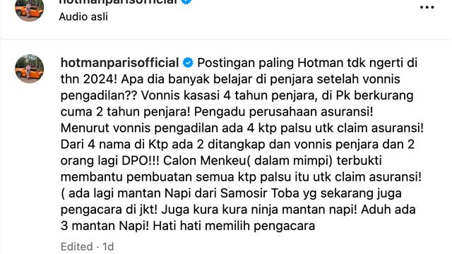 Unggahan Hotman Paris. (Foto: Dok. Instagram @hotmanparisofficial)