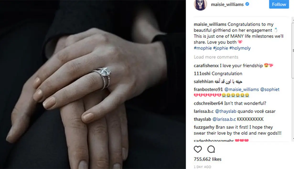 “Selamat berbahagia untuk sahabat perempuanku yang cantik untuk pertunangannya. Ini hanya satu dari sekian banyak momen kehidupan yang kita berikan. Aku mencintai kalian berdua (Sophie Turner dan Joe Jonas),” tulisnya. (Instagram/maisiewilliams)
