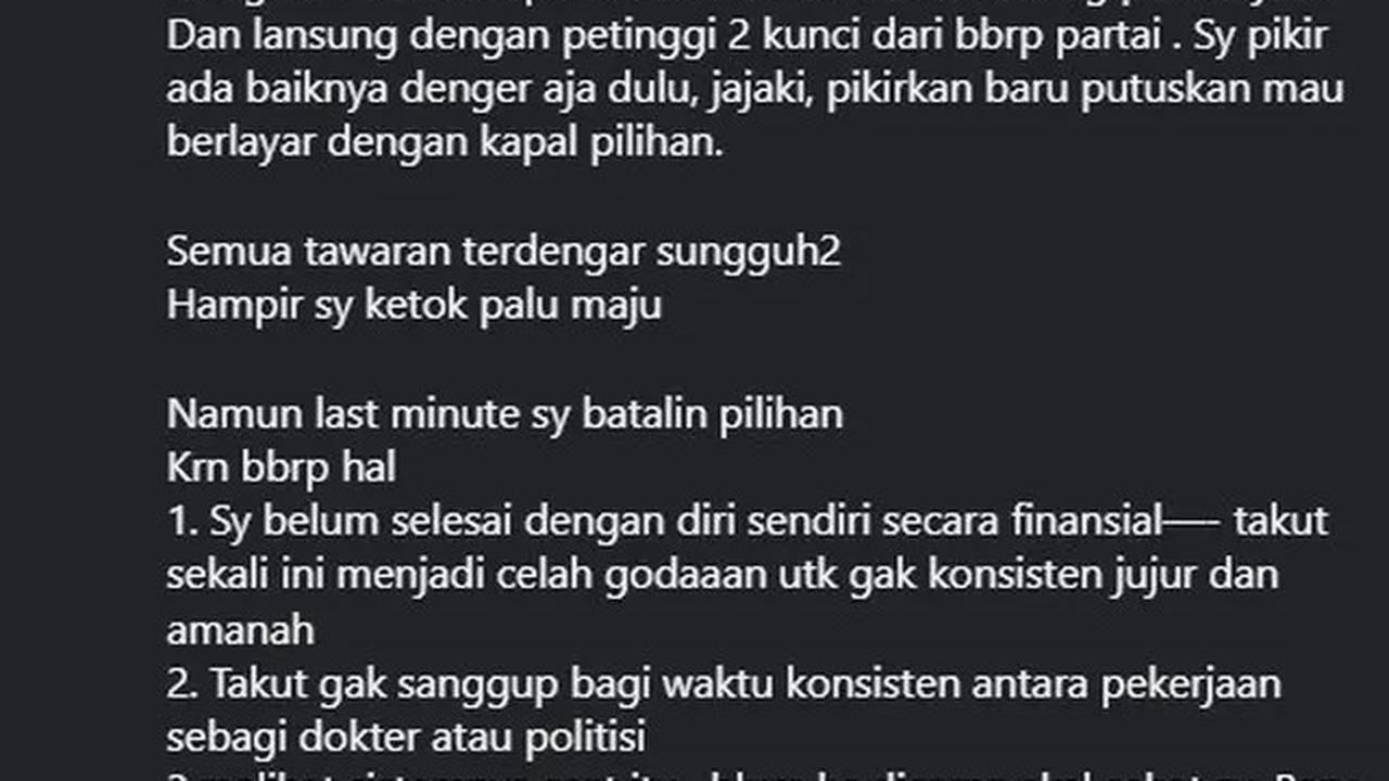6 Alasan Tompi Batal Nyaleg dan Masuk Parpol, Termasuk Emoh Disetir untuk Nurut Kata Partai