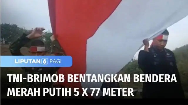 Anggota TNI Brigif Badik Sakti, dan Brimob B Pelopor, membentangkan Bendera Merah Putih berukuran 5 x 77 meter, di Puncak Gunung Lanyer, Parepare, Sulawesi Selatan, pada Selasa (16/08) kemarin.