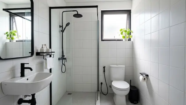 Kamar Mandi Hitam-Putih dengan Dekorasi Minimalis