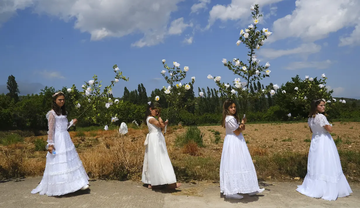 La Doncellas (gadis) berpakaian pengantin putih dikelilingi oleh bunga saat mengambil bagian dalam ziarah The Maidens di Sorzano, Spanyol, 15 Mei 2022. Menurut tradisi kuno, ziarah The Maidens bertujuan untuk menghormati musim semi dan kesuburan wanita. (AP Photo/Alvaro Barrientos)