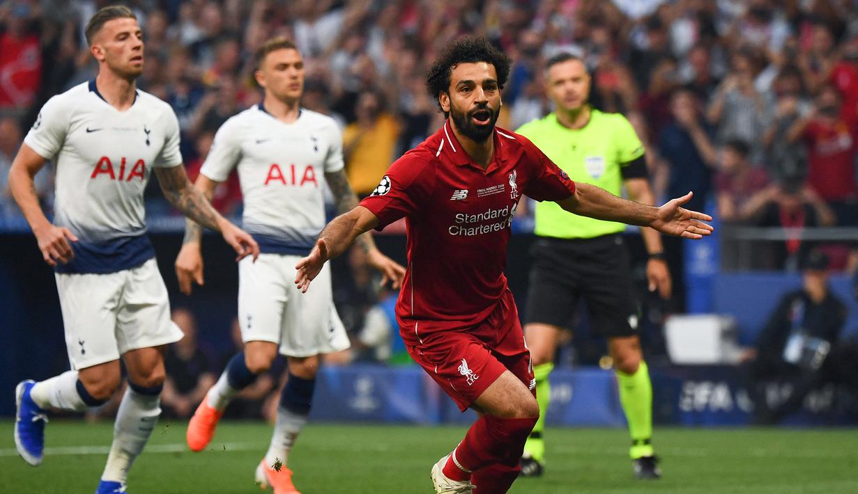 Final musim 2018/2019. Edisi kedua pertemuan dua tim Inggris di laga final Liga Champions terjadi di musim 2018/2019. Tottenham Hotspur dan Liverpool bertemu di Wanda Metropolitano Stadium, Madrid, Spanyol (1/6/2019). Laga akhirnya dimenangkan Liverpool dengan skor 2-0 melalui gol-gol Mohamed Salah lewat eksekusi penalti di menit ke-2 dan Divock Origi di menit ke-87. (AFP/Gabriel Bouys)
