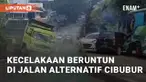 Beredar video rekaman terkait kecelakaan beruntun yang melibatkan truk dan bus. Kecelakaan tersebut terjadi di kawasan Jalan Alternatif Cibubur-Cileungsi