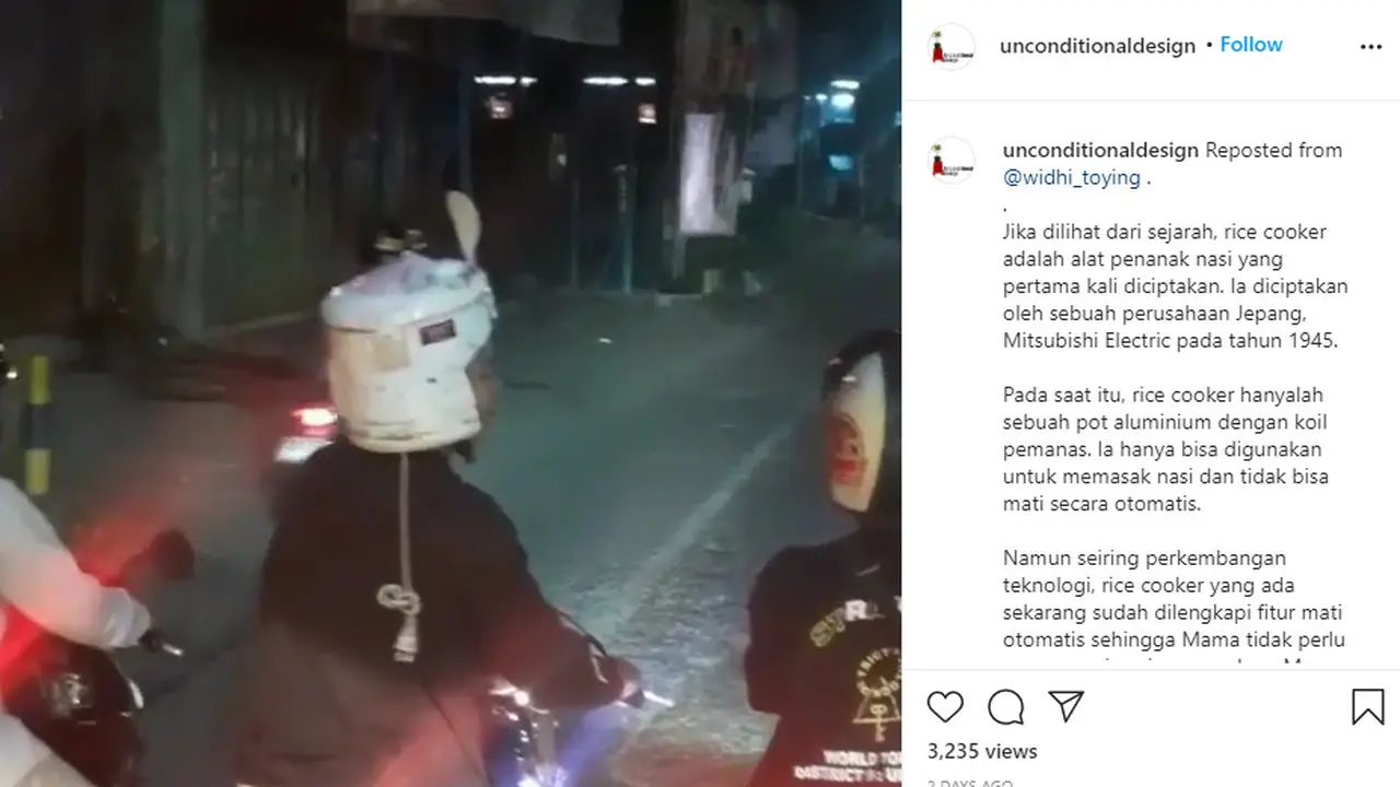 Dilansir akun Instagram @unconditionaldesign, terlihat seorang pengendara motor melakukan modifikasi terhadap rice cooker