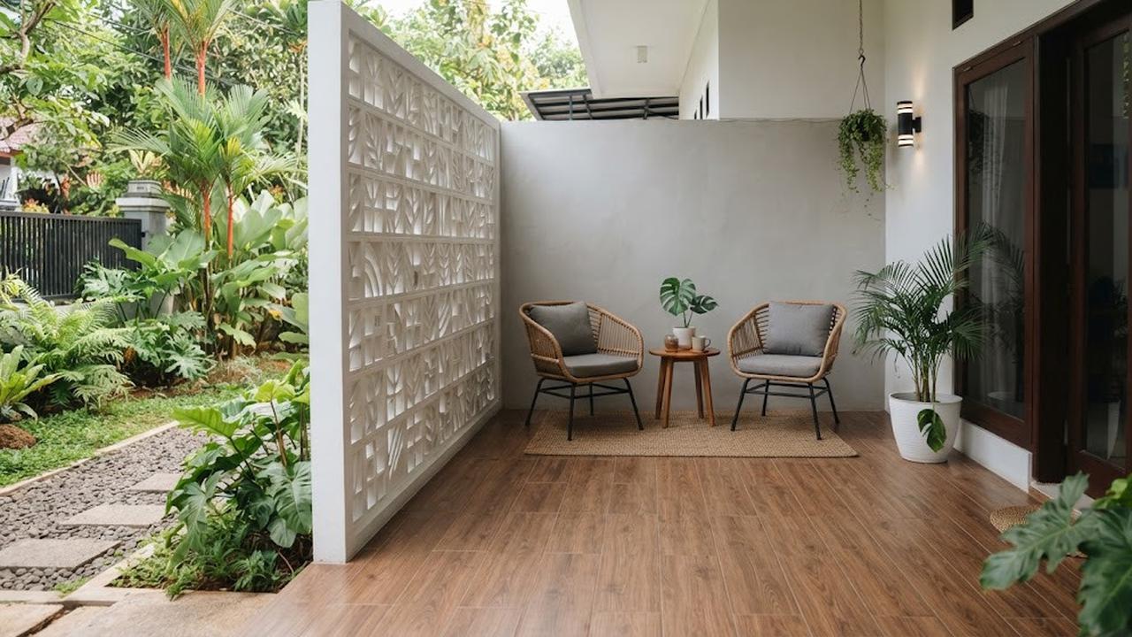 Model teras minimalis dengan lantai motif kayu yang cocok untuk rumah masa kini dengan area roster